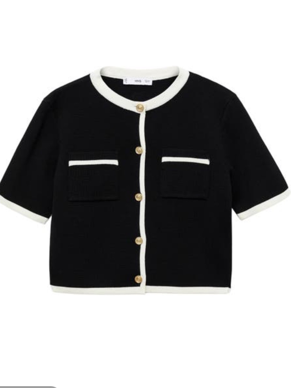 Mango Black Short-Sleeve Knit Cardigan with White Trim